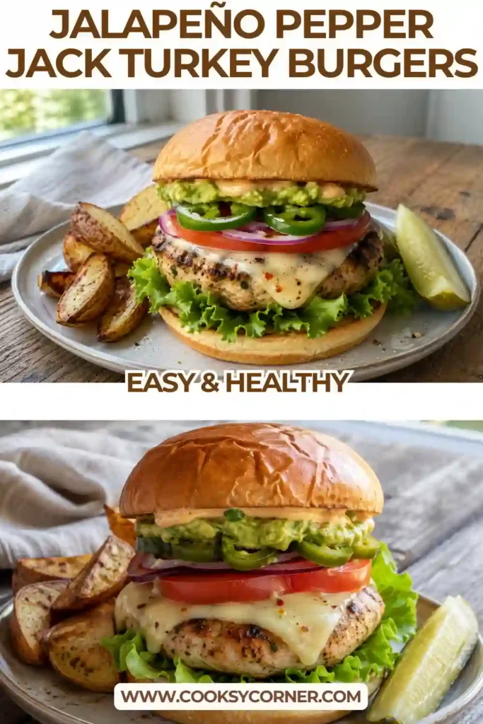 Homemade pepper jack turkey burgers prepared with ground turkey, jalapeño, cilantro and smoky seasonings. The finished burgers are served warm on soft toasted buns.