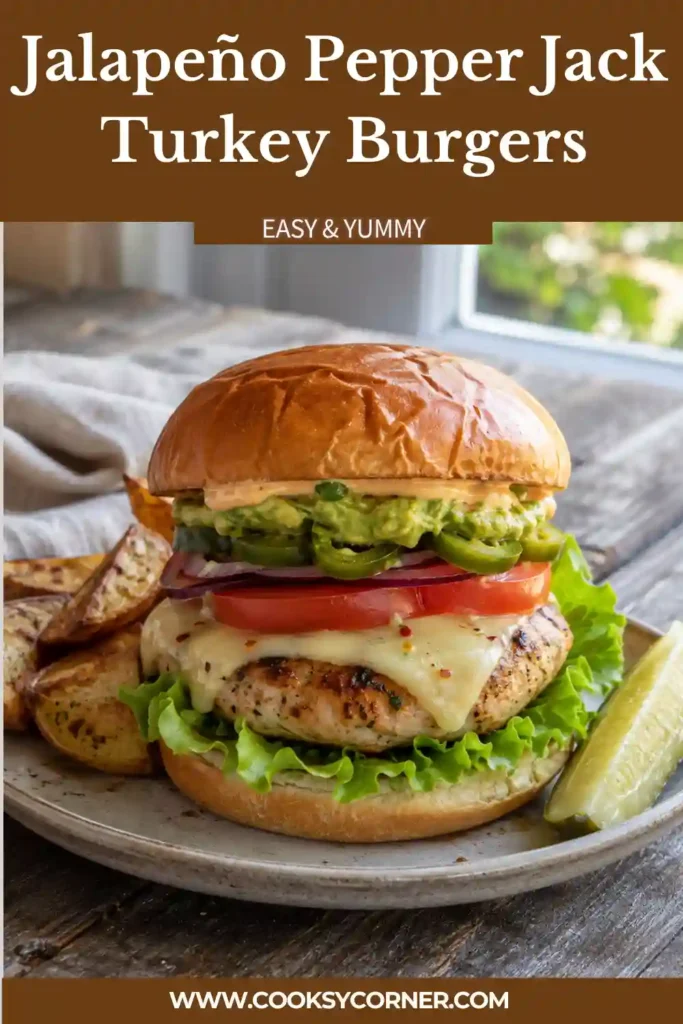Grilled Jalapeño Pepper Jack Turkey Burgers topped with melted cheese, sliced jalapeños and fresh lettuce. These spicy turkey burgers have a golden grilled exterior and tender center