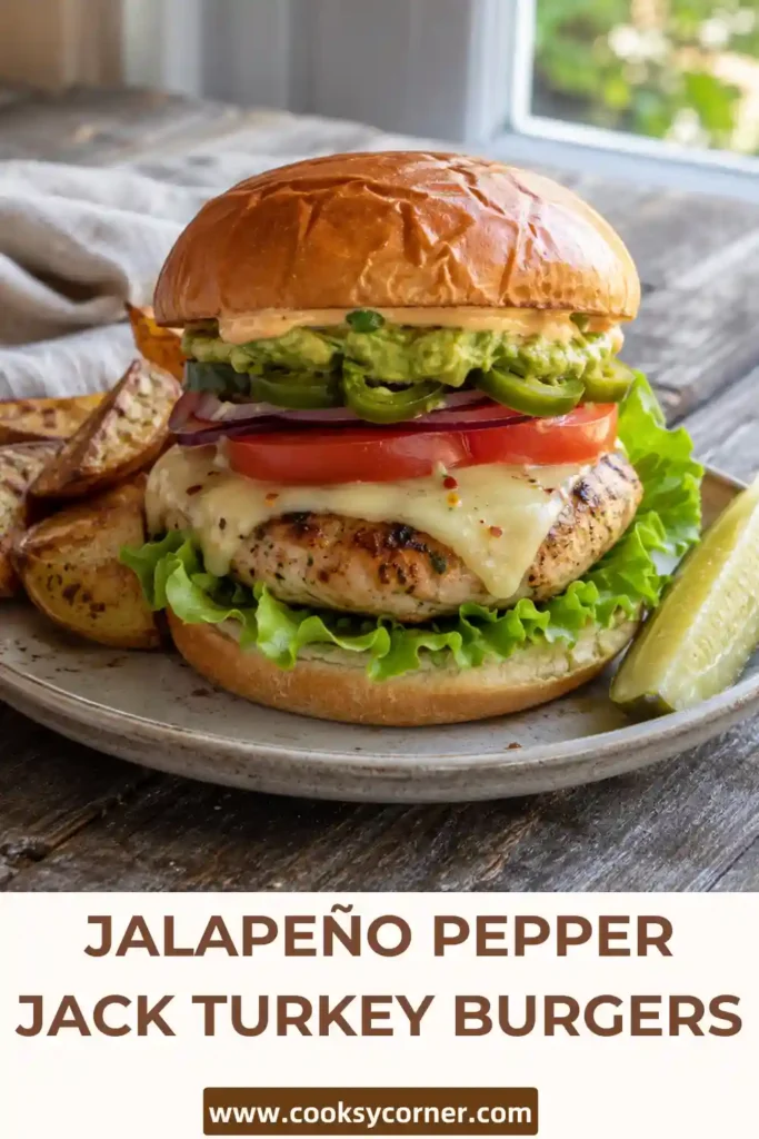 Jalapeño Pepper Jack Turkey Burgers served on toasted buns with melted pepper jack cheese and fresh jalapeño slices. The juicy turkey burgers are finished with fresh vegetables and creamy toppings.