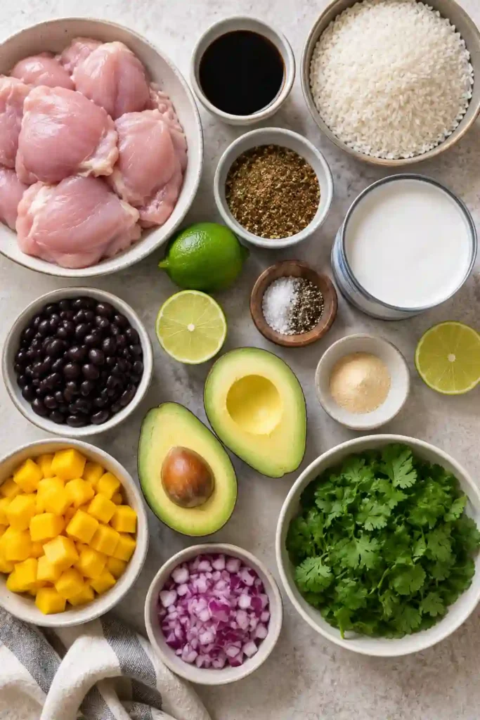 Fresh Jerk Chicken Bowls with Mango Avocado Salsa served over coconut lime rice with black beans and lime wedges for a healthy dinner.