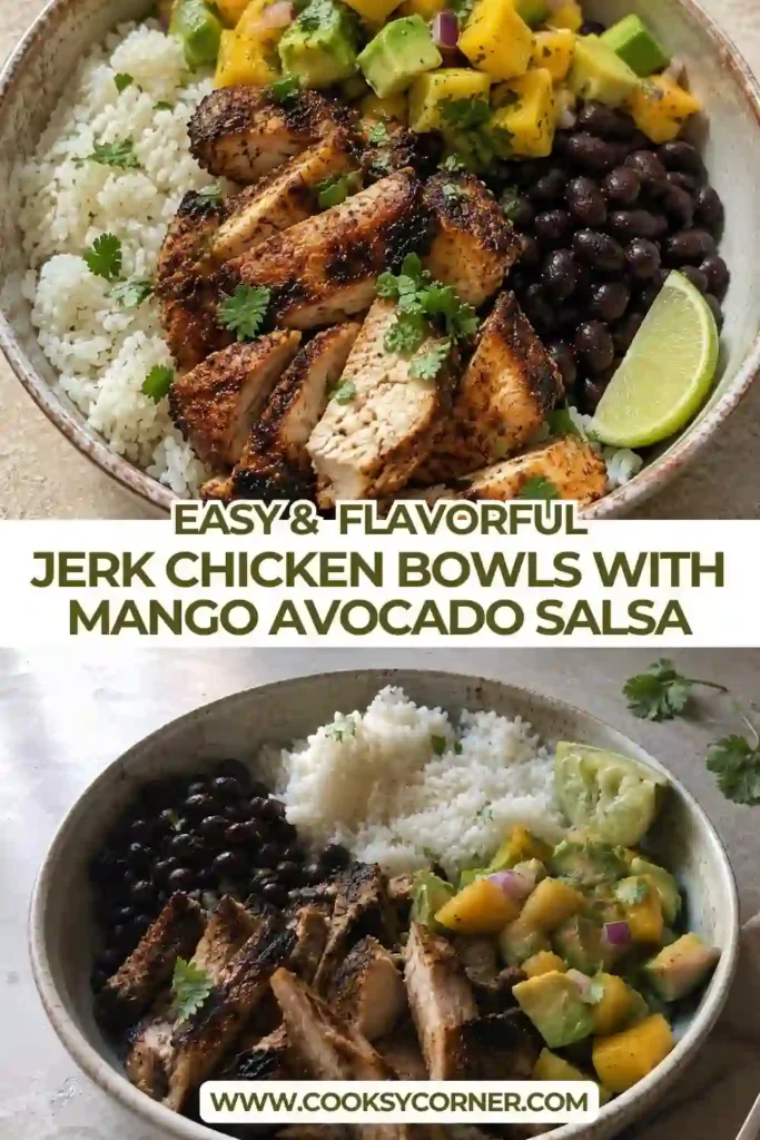 Jerk Chicken Bowls with sliced spicy chicken, creamy coconut lime rice, black beans, and fresh mango avocado salsa. Cilantro and lime add a colorful, refreshing finish.