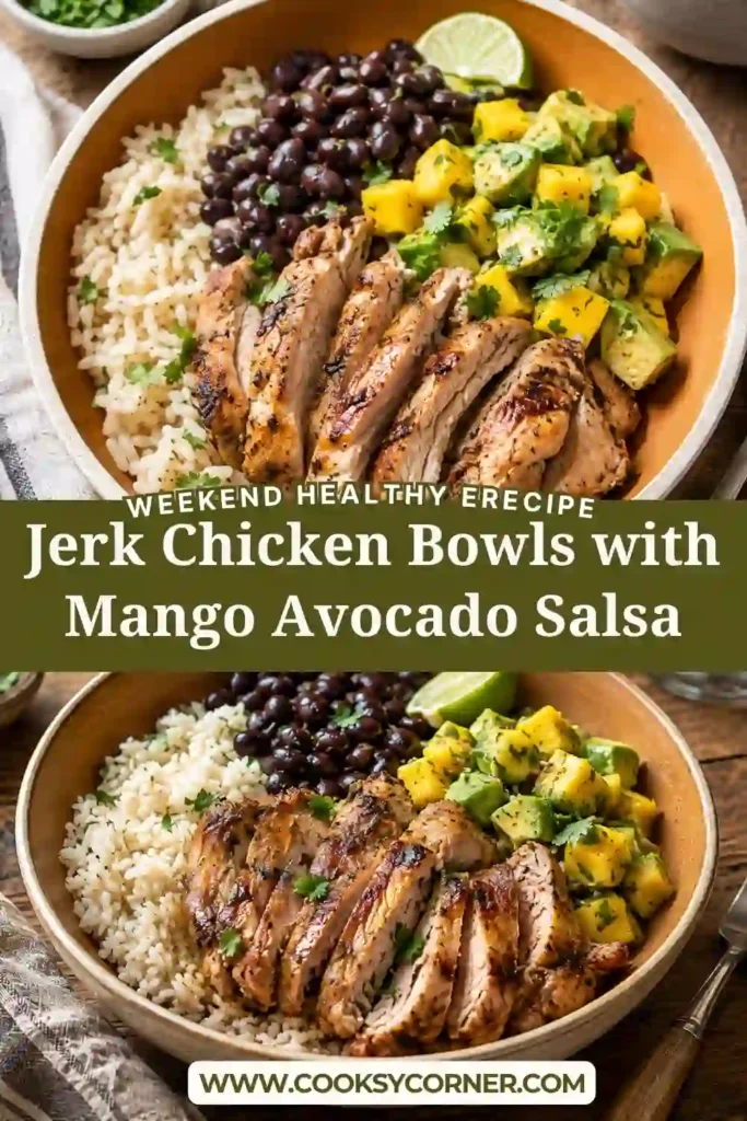 Healthy Caribbean-inspired jerk chicken bowl featuring grilled chicken, fluffy coconut rice, tropical mango avocado salsa, and black beans in natural lighting.