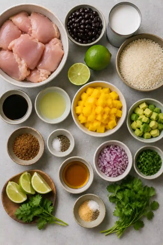 Sliced jerk chicken served over fluffy coconut lime rice with black beans and mango avocado salsa. Fresh mango, creamy avocado, red onion, cilantro, and lime add bright color and flavor.