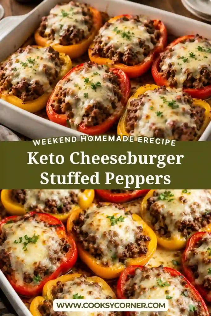 Freshly baked Keto Cheeseburger Stuffed Peppers with juicy ground beef and golden melted cheese. A simple low-carb stuffed pepper recipe served warm.