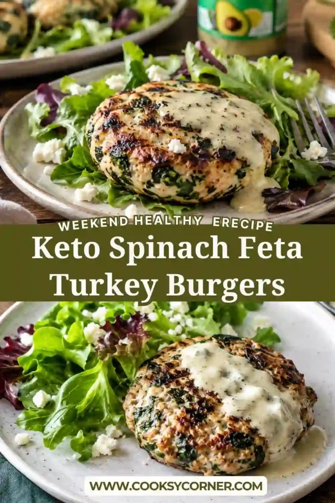 Low-carb turkey burgers made with ground turkey, spinach, feta cheese, parsley, and fresh dill. The browned patties are served with leafy greens and Green Goddess dressing.