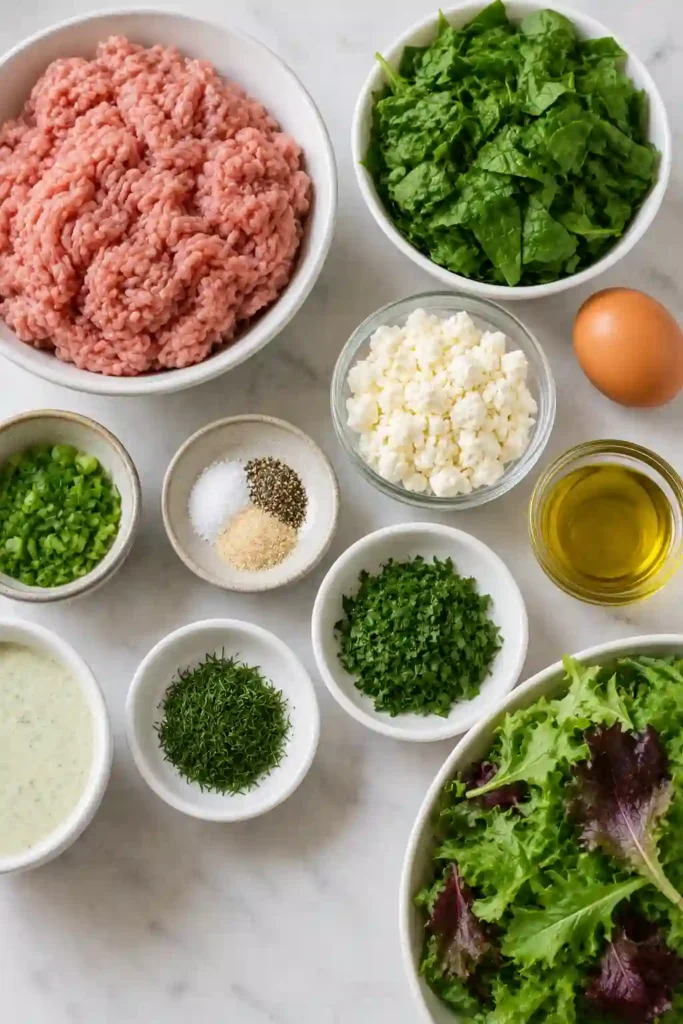 Mediterranean-inspired turkey burger with spinach and creamy feta served over a colorful green salad. Fresh herbs and crumbled feta garnish the golden turkey patty.