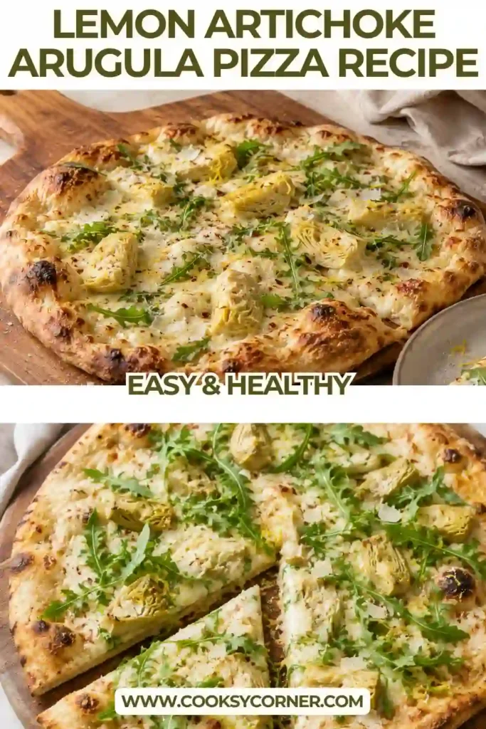 Homemade lemon artichoke pizza topped with creamy mozzarella, quartered artichoke hearts, fresh arugula, and grated Parmesan. The vegetarian pizza has a crisp crust and fresh citrus finish.