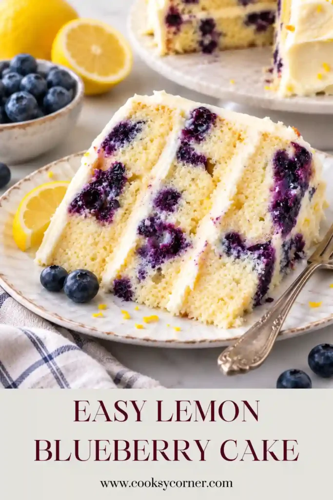 Homemade lemon blueberry layer cake decorated with smooth cream cheese frosting and fresh blueberries. Each layer features a soft lemon cake studded with juicy berries.