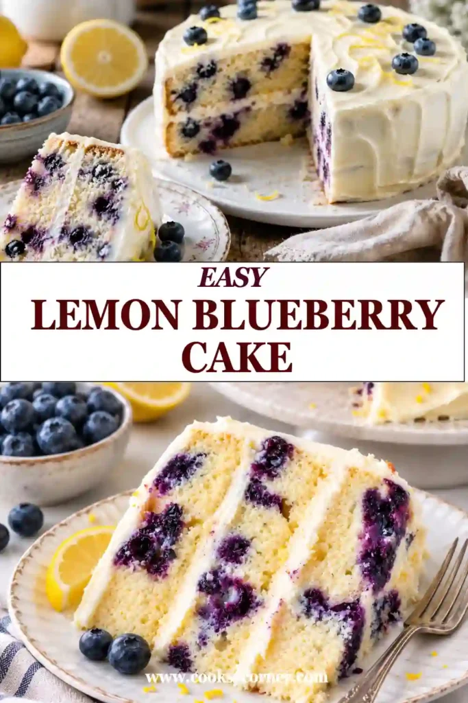 A slice of Lemon Blueberry Cake showing a tender lemon crumb filled with fresh blueberries. Cream cheese frosting and blueberries create a fresh, colorful finish.