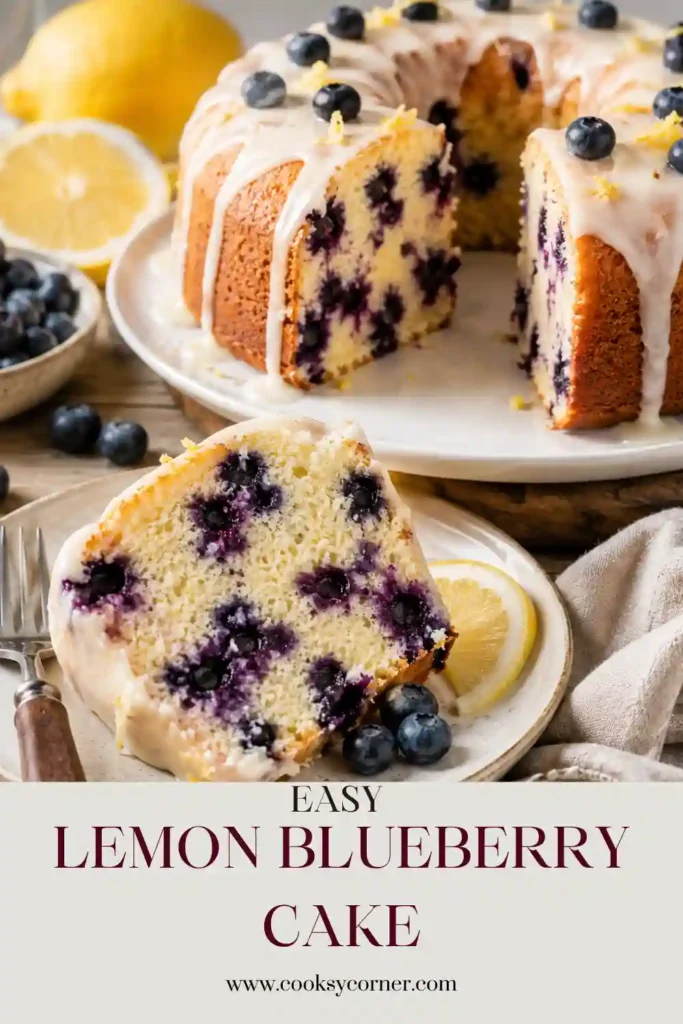 Lemon Blueberry Cake topped with creamy lemon cream cheese frosting and fresh blueberries. The soft homemade cake is filled with juicy blueberries and bright lemon flavor.