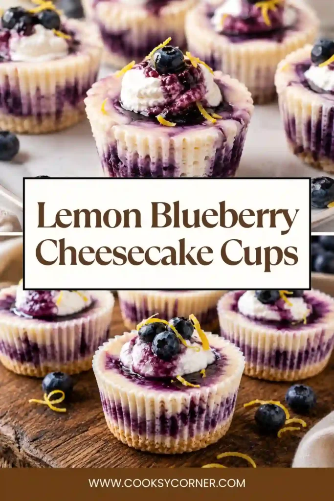 Blueberry cheesecake cups topped with fresh berries, whipped cream, and homemade blueberry sauce. Fresh lemon gives the smooth cheesecake filling a bright citrus flavor.