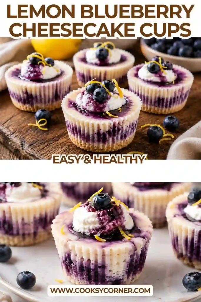 Mini lemon blueberry cheesecakes with creamy citrus filling, juicy blueberries, and glossy blueberry sauce. Each individual cheesecake sits on a crisp Golden Oreo base.