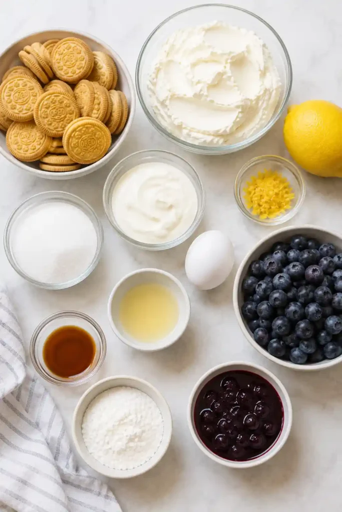 Individual Lemon Blueberry Cheesecake Cups featuring creamy cheesecake, fresh lemon zest, blueberries, and a cookie crust. Rich purple blueberry sauce is spooned over each chilled dessert.