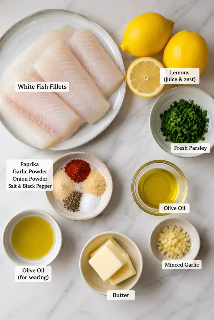 Lemon garlic fish served hot from the skillet with a buttery citrus sauce and fresh parsley. This quick seafood dinner combines golden white fish with simple homemade flavors.