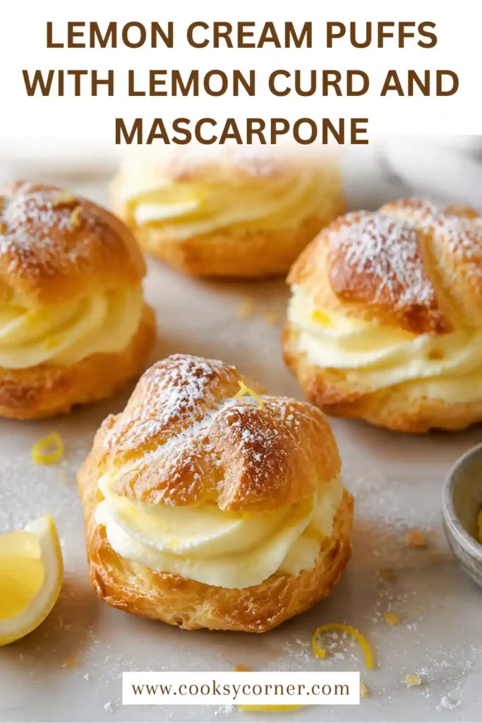 Homemade Lemon Cream Puffs with bright lemon curd, whipped mascarpone cream, and fresh berries. The pastries have crisp golden layers and a light powdered sugar finish.