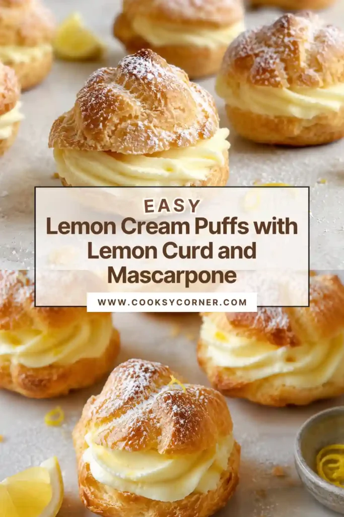 Flaky lemon curd cream puffs topped with mascarpone filling, mixed berries, and powdered sugar. The golden puff pastry creates an elegant bakery-style lemon dessert.