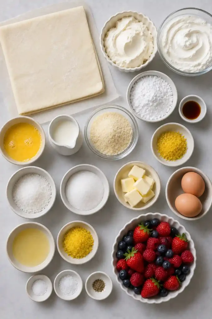 Lemon puff pastry dessert filled with creamy mascarpone and tangy homemade lemon curd. Colorful berries add a fresh finish to the individual pastries.