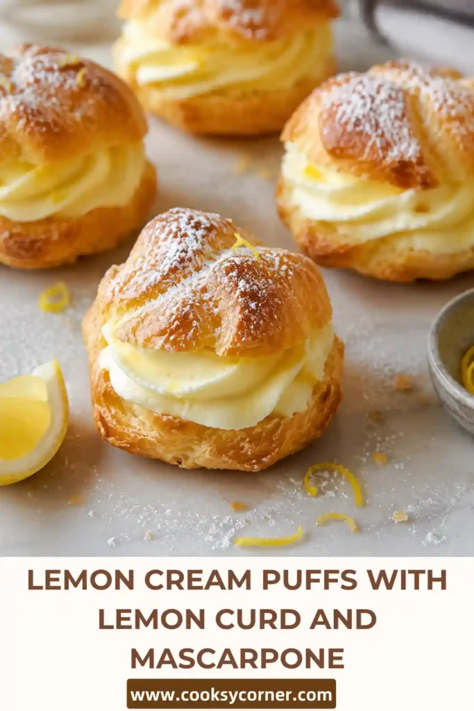 Golden Lemon Cream Puffs filled with silky mascarpone cream and homemade lemon curd. Fresh raspberries, strawberries, and blueberries decorate the flaky pastries.