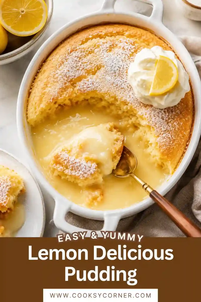Homemade self saucing lemon pudding with a light golden cake layer and tangy lemon custard underneath. A simple baked lemon dessert served with fresh raspberries.