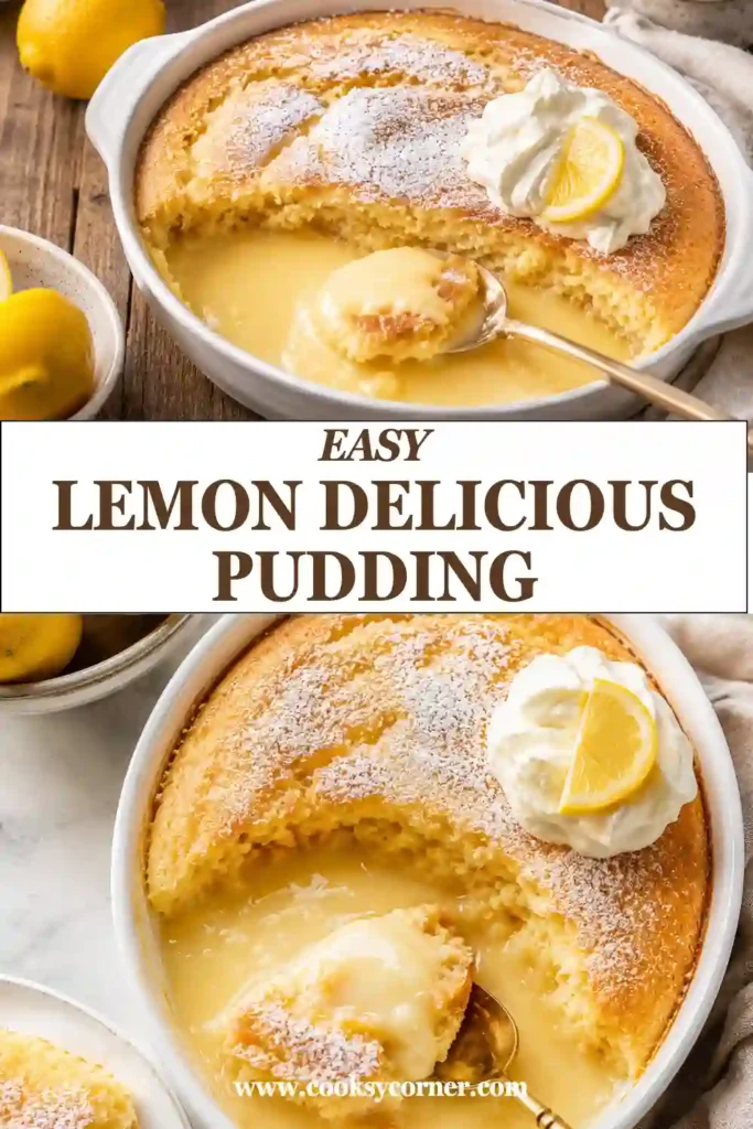 Freshly baked Lemon Delicious Pudding served warm with whipped cream and berries. The fluffy lemon pudding cake sits over a silky homemade lemon sauce.