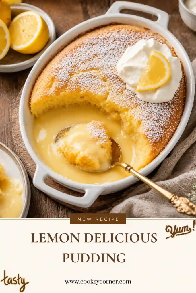 Warm Lemon Delicious Pudding with a golden sponge top and creamy lemon custard sauce underneath. The self saucing lemon pudding is finished with icing sugar and fresh raspberries.