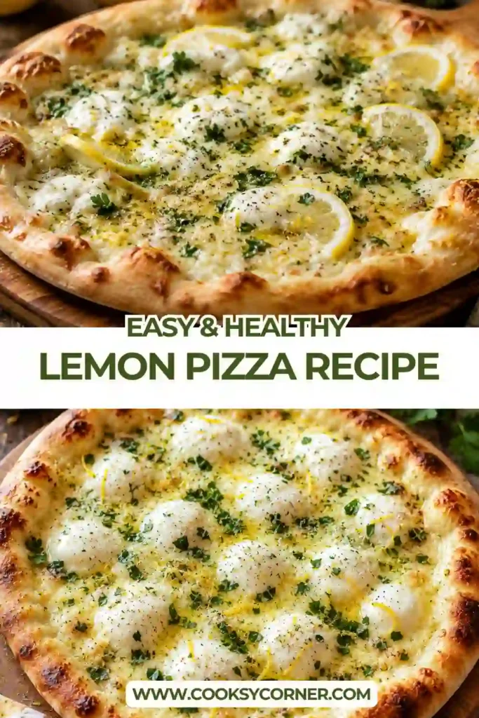 Homemade lemon herb pizza with fresh mozzarella, garlic, parmesan, and parsley on a crisp golden crust. Fresh lemon adds a bright citrus flavor to this easy pizza recipe.