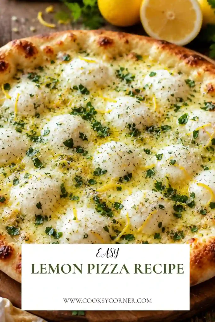 Lemon Pizza Recipe topped with melted fresh mozzarella, parmesan, parsley, and fresh lemon. This homemade white pizza has a golden crust and a bright lemon-herb finish.