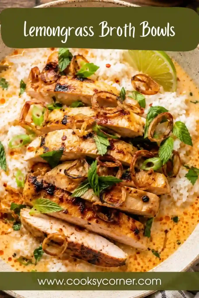 Thai-inspired Lemongrass Broth Bowls topped with yellow curry chicken, mint, crispy shallots, and chili crisp. The creamy broth creates a beautiful and flavorful presentation.