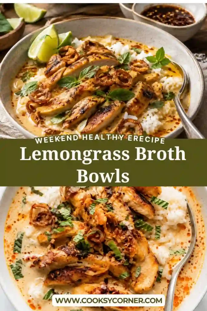 Golden coconut lemongrass broth surrounds tender chicken and steamed rice, topped with fresh mint and crispy shallots. The colorful bowl is warm, hearty, and inviting.