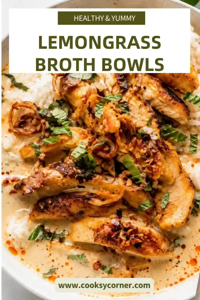 A bowl of Lemongrass Broth Bowls with tender yellow curry chicken served over fluffy rice in a creamy coconut broth. Fresh mint, crispy shallots, and chili crisp add vibrant color and texture.