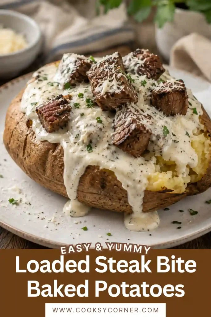 Homemade Loaded Steak Bite Baked Potatoes with golden steak bites and velvety Parmesan cream sauce. The hearty baked potatoes are garnished with chives and extra Parmesan.