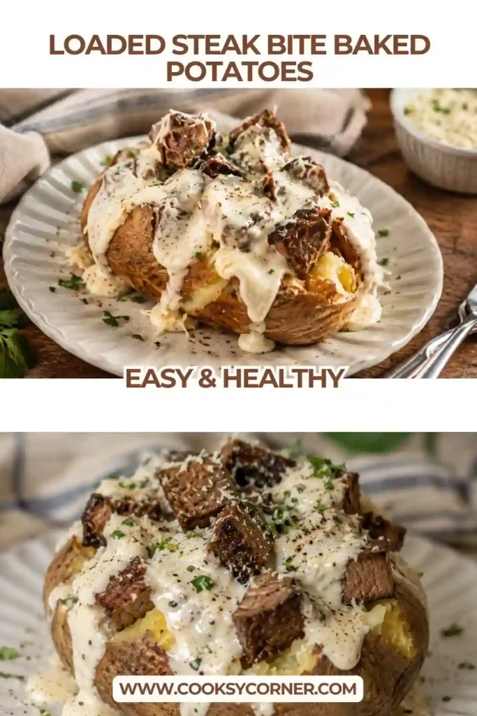 Creamy Parmesan steak bites served over a crispy-skinned baked potato. The potato is loaded with tender beef, Parmesan sauce, green onions, and freshly cracked pepper.