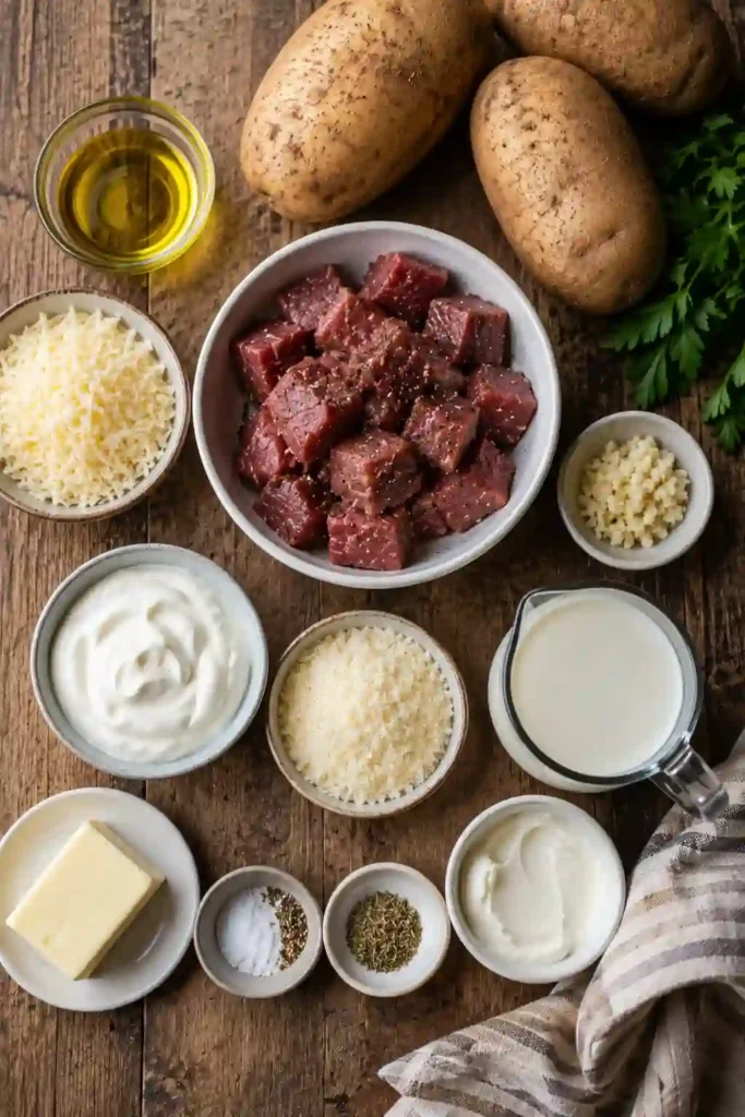 Loaded Steak Bite Baked Potatoes topped with juicy herb-seasoned steak and creamy Parmesan sauce. Fresh chives and grated Parmesan finish this hearty steak and potatoes dinner.