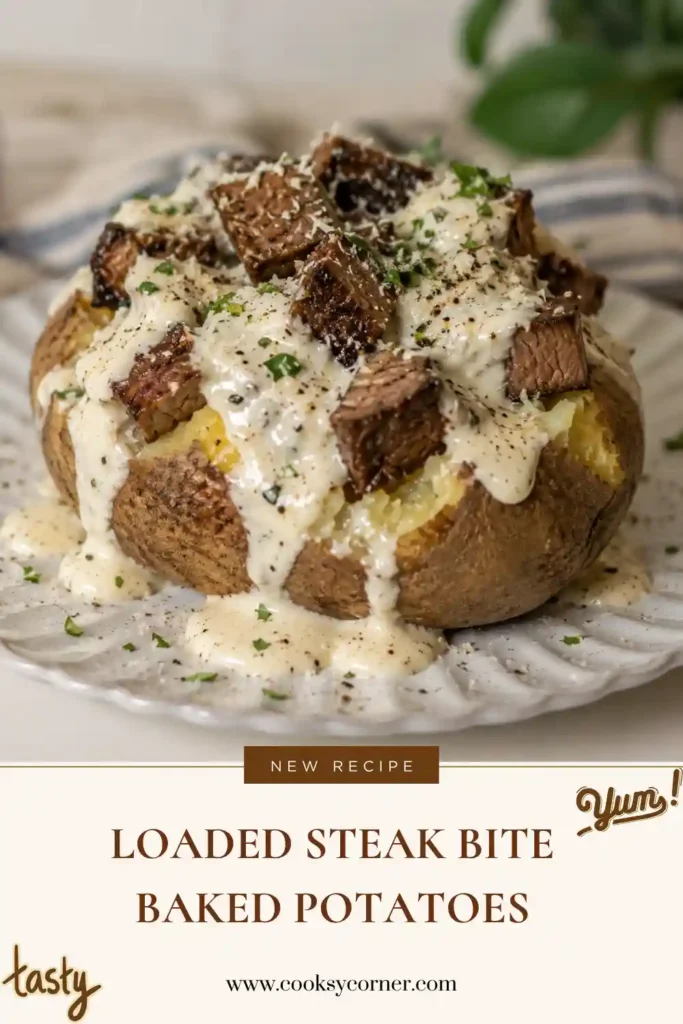 Fluffy baked russet potato filled with browned steak bites and rich Parmesan cream sauce. This loaded baked potato is topped with fresh chives and cracked black pepper.