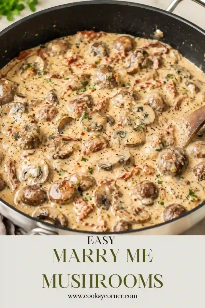 Creamy Marry Me Mushrooms served warm with golden button mushrooms, Parmesan sauce, sun-dried tomatoes, and basil. The creamy garlic mushrooms make a comforting meatless meal or side dish.