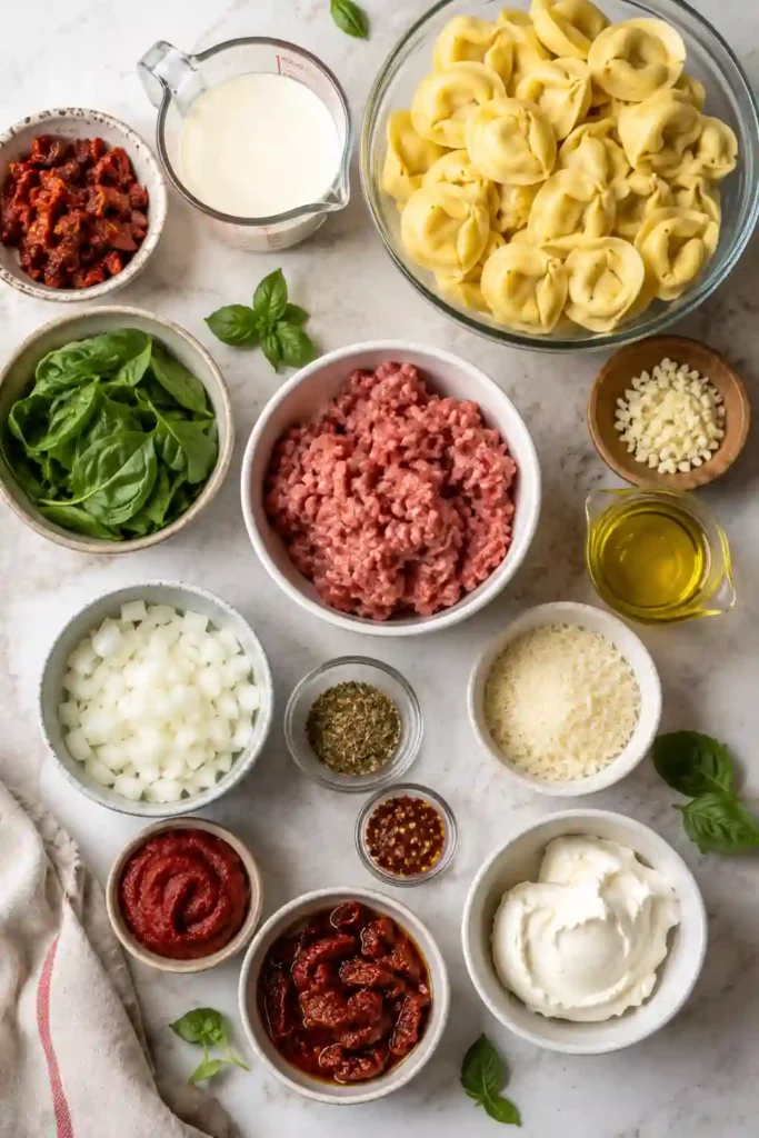 4. One pot Marry Me Tortellini served in a creamy sun-dried tomato and Parmesan sauce. Fresh basil and chili flakes add color and flavor to the pasta.