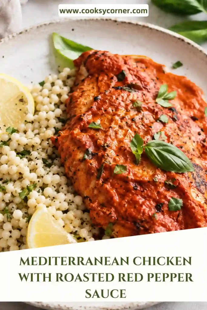 Roasted red pepper chicken covered in a smooth, creamy red pepper sauce with garlic and Mediterranean-inspired herbs. Fresh basil and crumbled feta finish the easy skillet dinner.