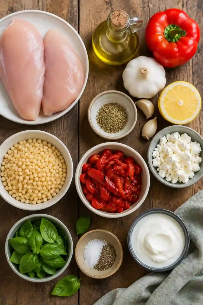 Tender skillet chicken served in a rich roasted red pepper cream sauce and garnished with feta and basil. This Mediterranean chicken recipe makes a colorful and comforting main course.
