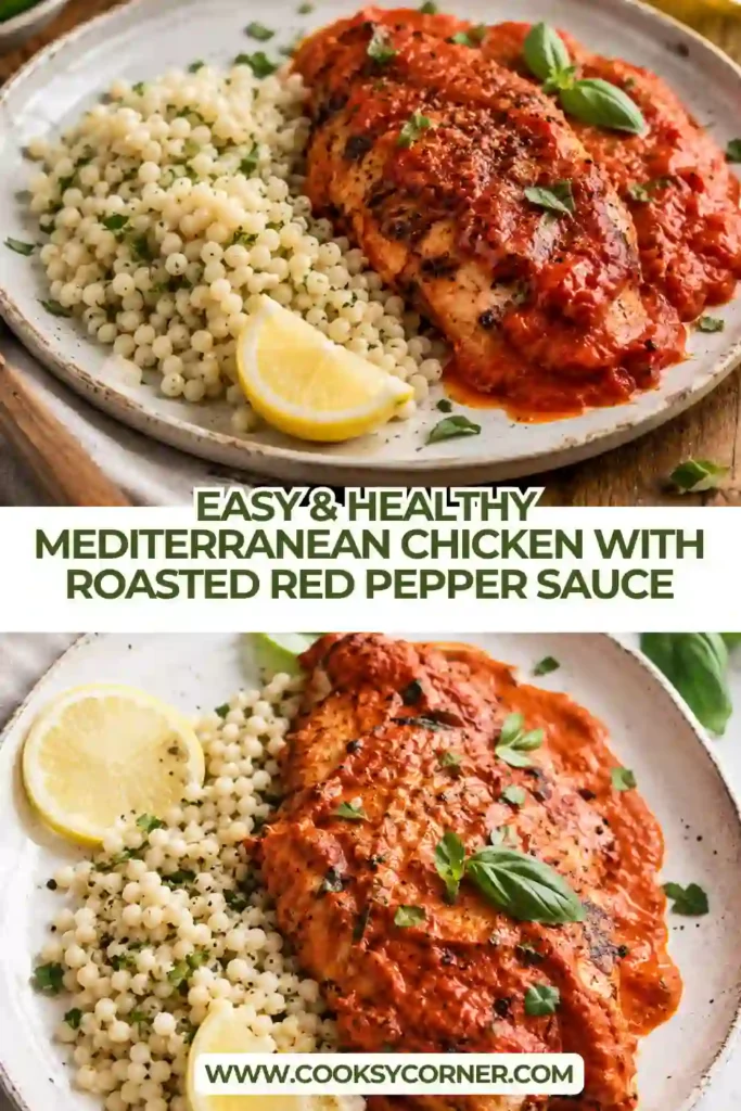 Creamy Mediterranean chicken made with golden chicken, roasted red peppers, garlic, Italian seasoning, and heavy cream. The skillet chicken is topped with feta cheese and fresh basil.