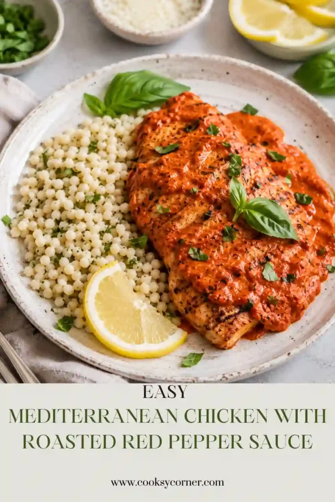 Mediterranean Chicken with Roasted Red Pepper Sauce served in a skillet with tender chicken coated in creamy red pepper sauce. Crumbled feta and fresh basil add a colorful Mediterranean-inspired finish.