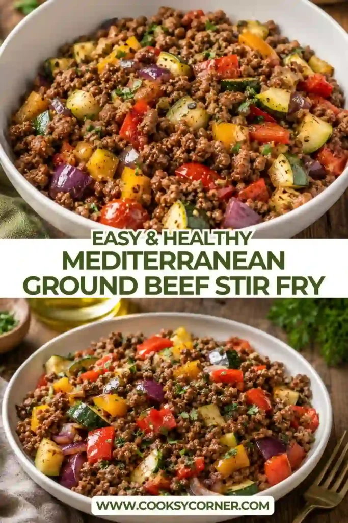 A skillet of Mediterranean Ground Beef Stir-Fry filled with savory beef, tender zucchini, colorful bell peppers, tomatoes, onion, and garlic. The dish is seasoned with oregano and fresh lemon juice.