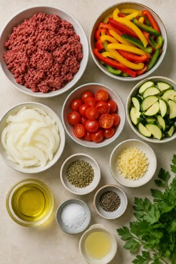 Mediterranean beef skillet featuring browned ground beef and colorful vegetables cooked with olive oil, oregano, garlic, and lemon. Zucchini, peppers, and tomatoes add fresh color and texture.