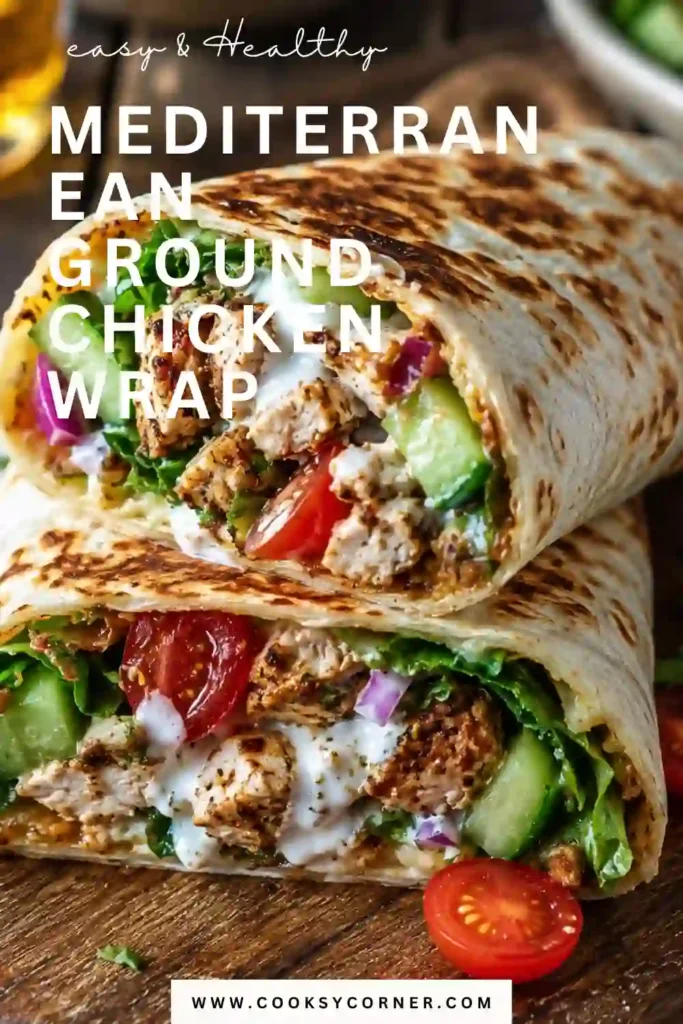 Mediterranean chicken wrap with juicy ground chicken, crisp cucumber, tomatoes, greens, and feta. The wrap is finished with a rich and creamy feta sauce.