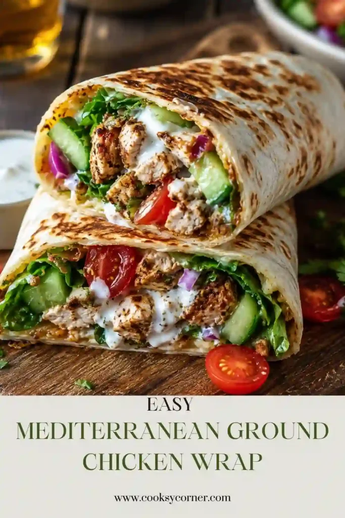 Mediterranean Ground Chicken Wrap filled with seasoned chicken, cucumber, cherry tomatoes, mixed greens, and crumbled feta. Creamy hot honey feta sauce is drizzled over the fresh filling.