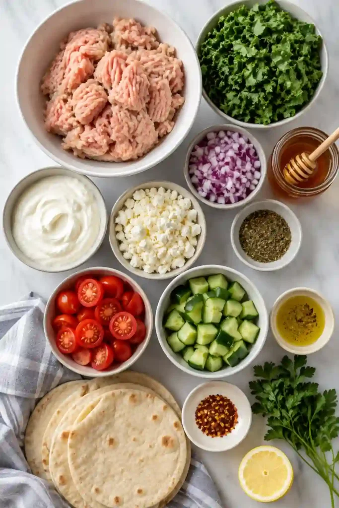 Healthy chicken wraps filled with seasoned ground chicken and colorful Mediterranean-inspired vegetables. Crumbled feta and hot honey yogurt sauce add a creamy, tangy finish.
