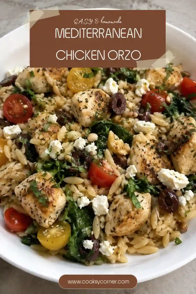 Chicken orzo recipe featuring golden chicken breast with tender orzo, wilted spinach, cherry tomatoes, Kalamata olives, and crumbled feta. Fresh herbs add color and bright flavor.