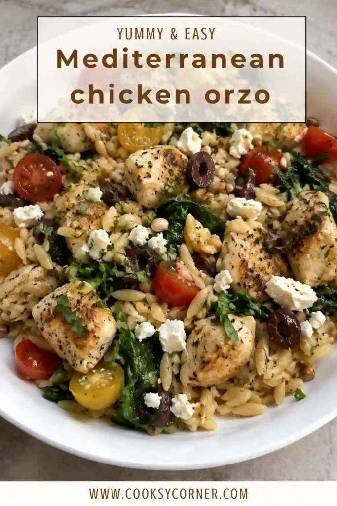 Mediterranean Chicken Recipe with sliced golden chicken served over whole wheat orzo. Cherry tomatoes, spinach, feta, Kalamata olives, and fresh herbs add vibrant Mediterranean-inspired flavor.