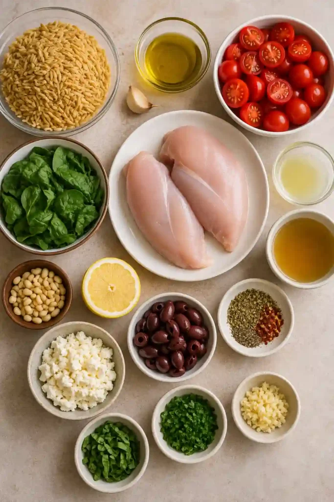 Mediterranean Chicken Recipe served in a skillet with orzo, feta cheese, juicy cherry tomatoes, fresh spinach, and Kalamata olives. Sliced chicken breast makes this a hearty Mediterranean-inspired meal.