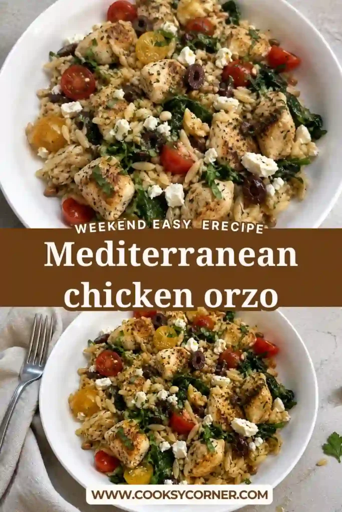 Mediterranean chicken and orzo served with tender sliced chicken, tomatoes, creamy feta, spinach, and olives. Fresh basil and parsley finish this colorful chicken dinner.