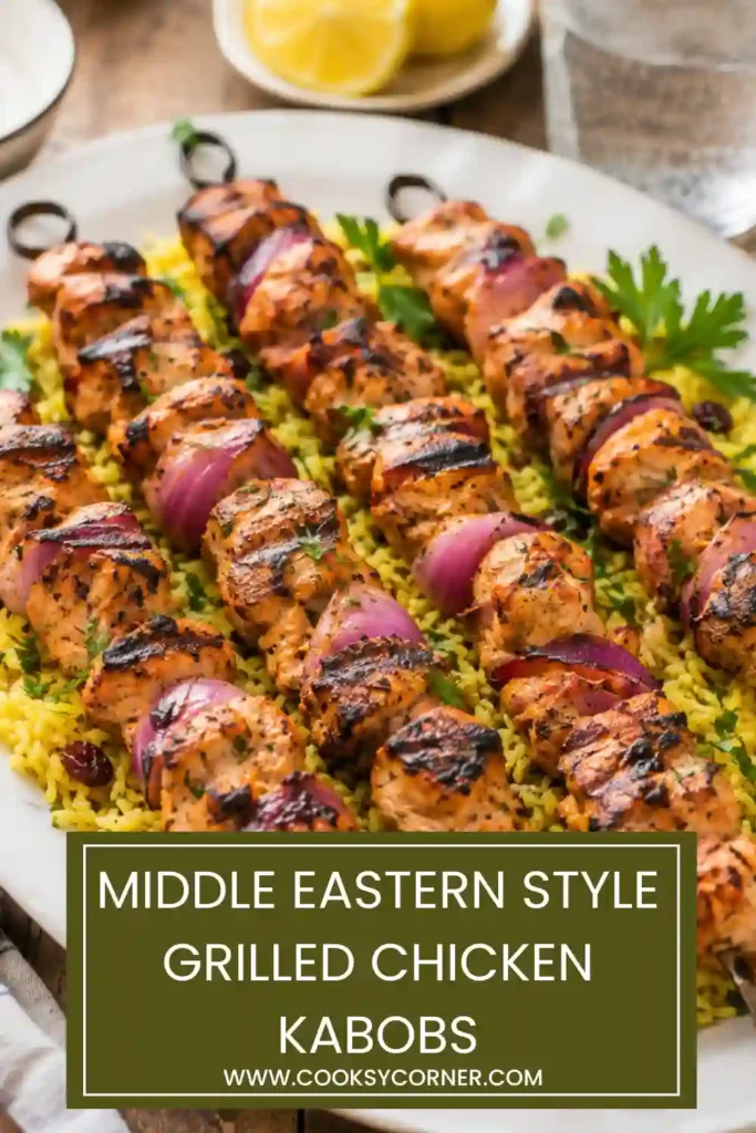 Golden grilled chicken kabobs with red onions arranged on a serving board alongside fresh parsley and warm pita bread. The chicken is juicy and lightly charred.